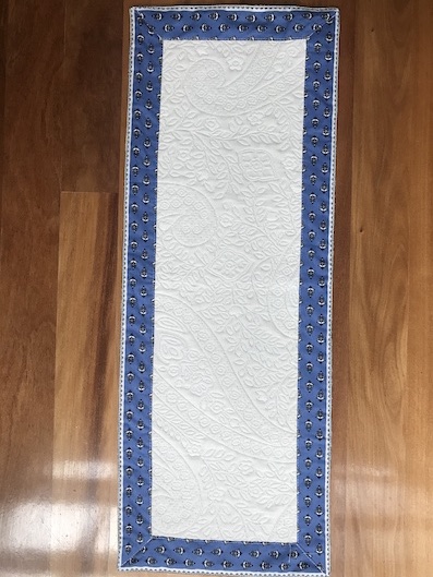 white french table runner with blue border